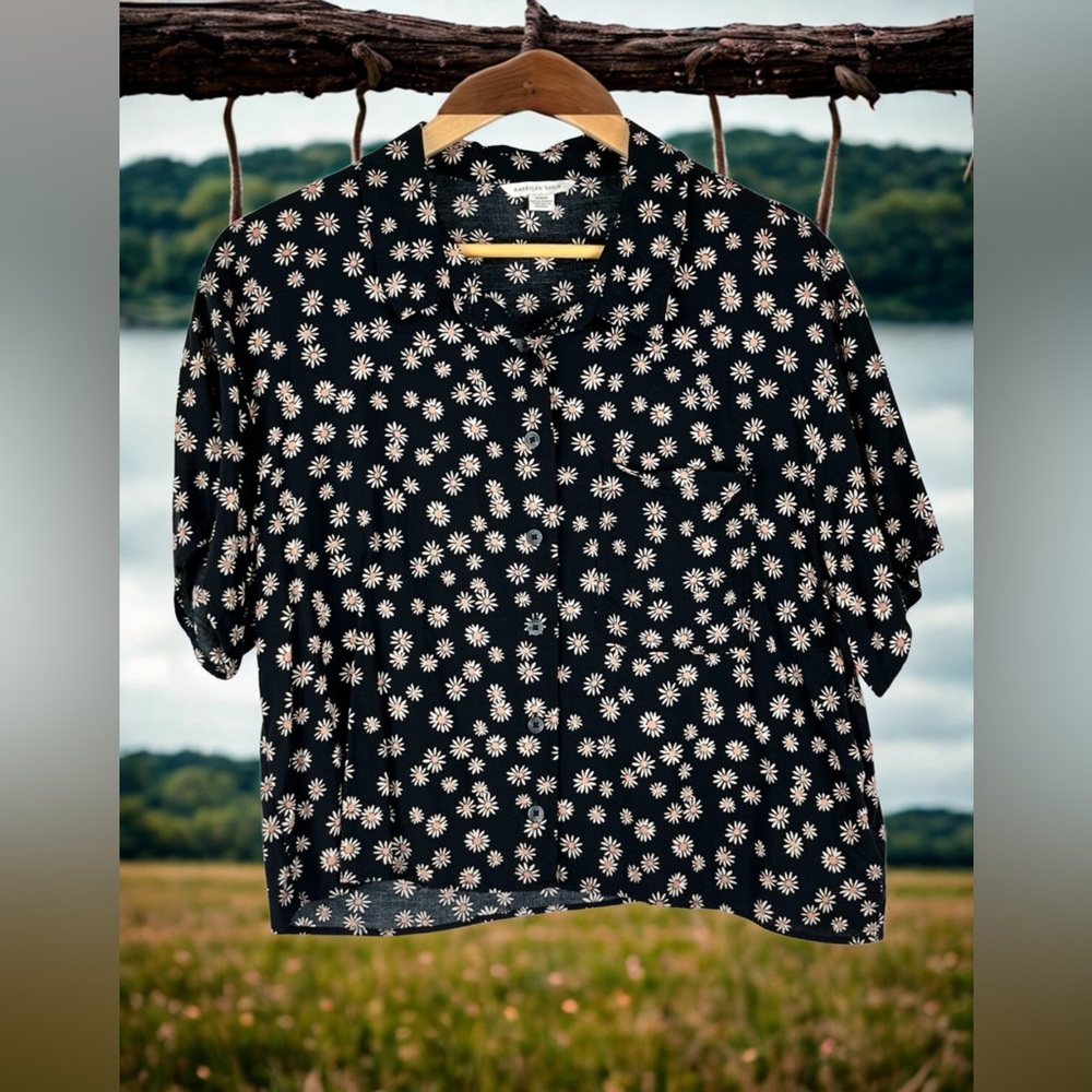 American eagle Black daisy Button-Down Shirt - image 1